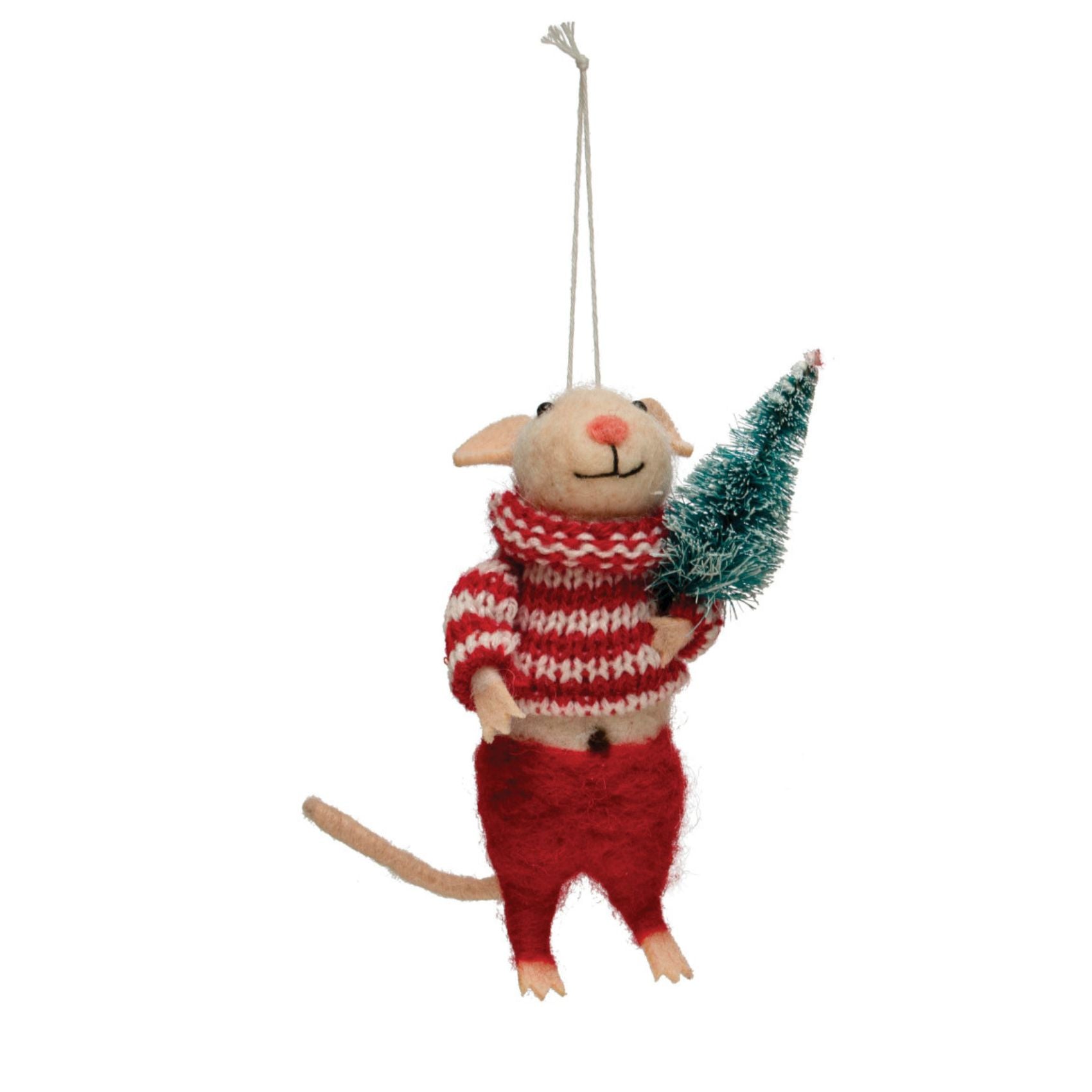 Creative Co-op Wool Felt Mouse in Outfit Ornament - Red and White Stripe Sweater with Tree