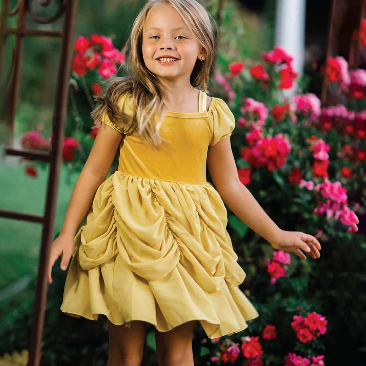 Girl wearing Taylor Joelle Duchess Gold Dress