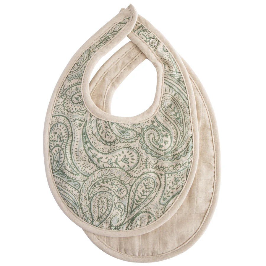Mushie Muslin Bibs 2 - Pack - Green Paisley / Fog
