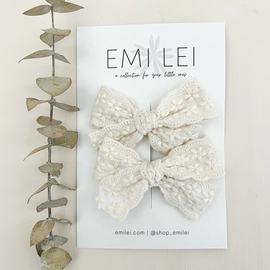 Emi Lei Pigtail Bow Set - Alligator Clip  - Linen Lace
