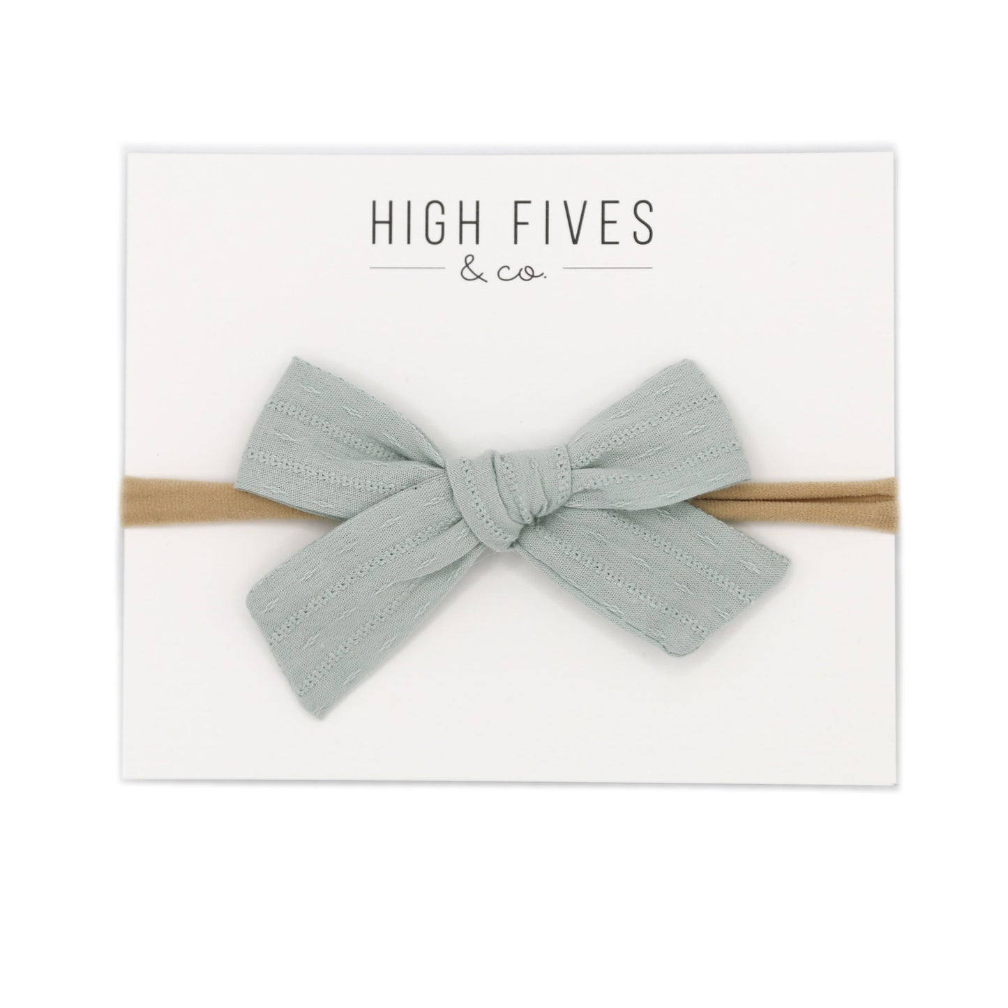 High Fives Patterened Linen Bow Nylon Headband - Mint Blue