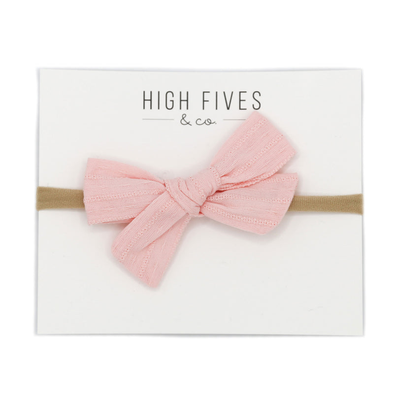 High Fives Patterened Linen Bow Nylon Headband - Light Pink