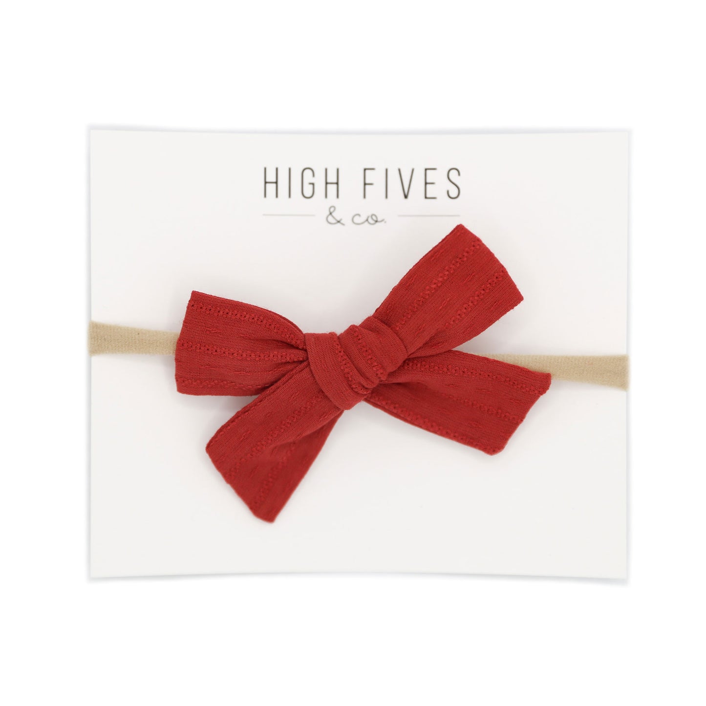 High Fives Patterened Linen Bow Nylon Headband - Brick Red