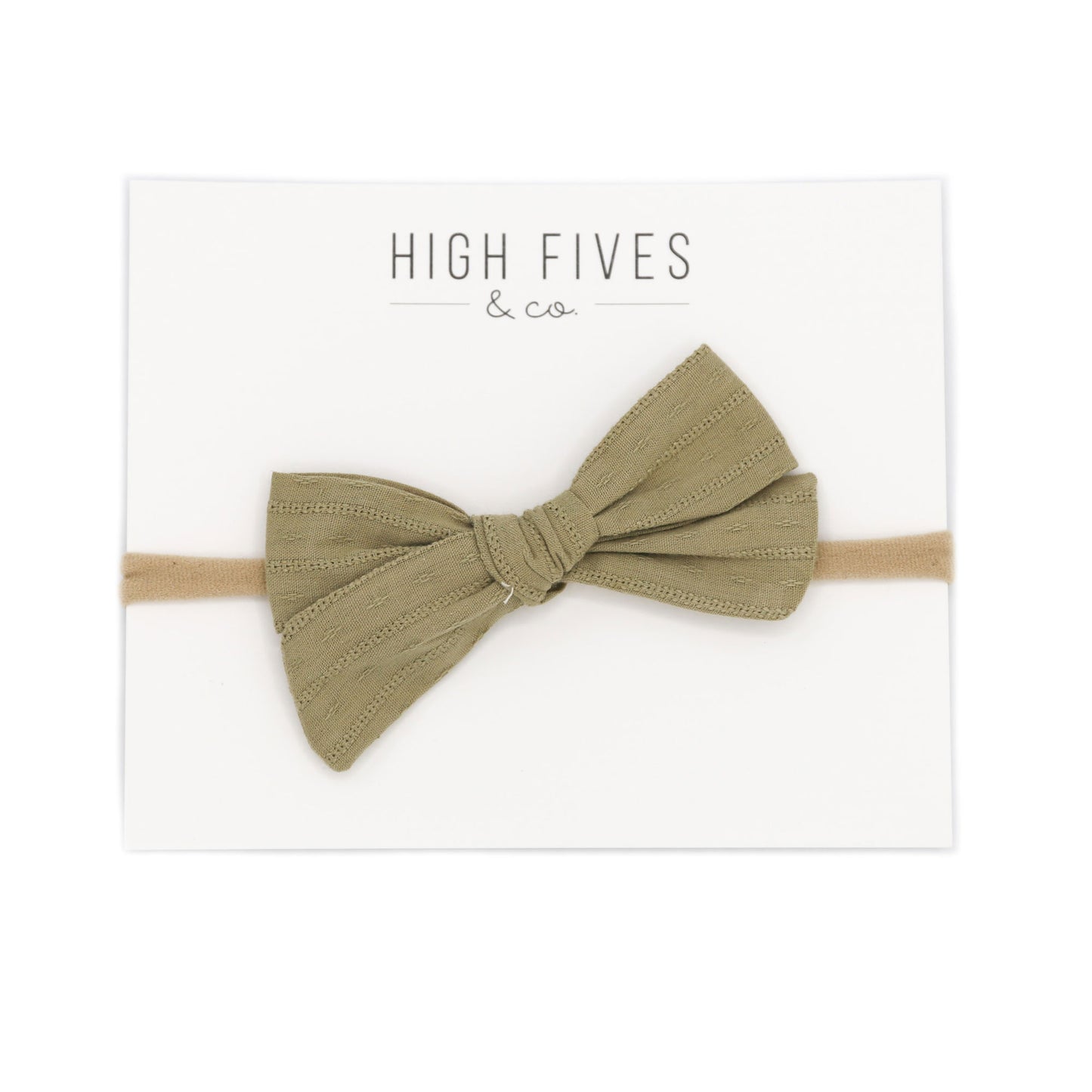 High Fives Patterened Linen Bow Nylon Headband - Olive Green