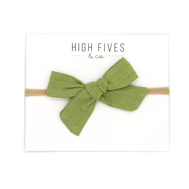 High Fives Patterened Linen Bow Nylon Headband - Pickle Green