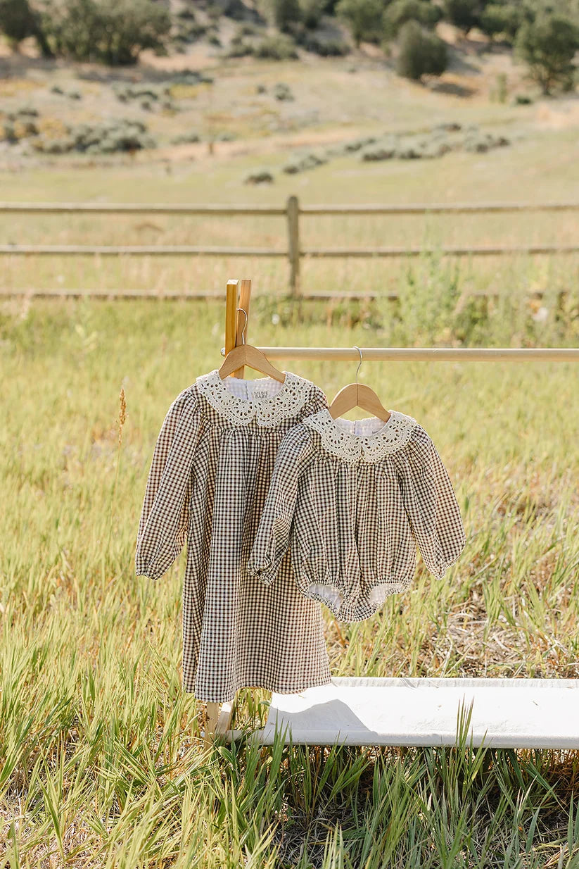 Mebie Baby Camel Gingham Lace Dress