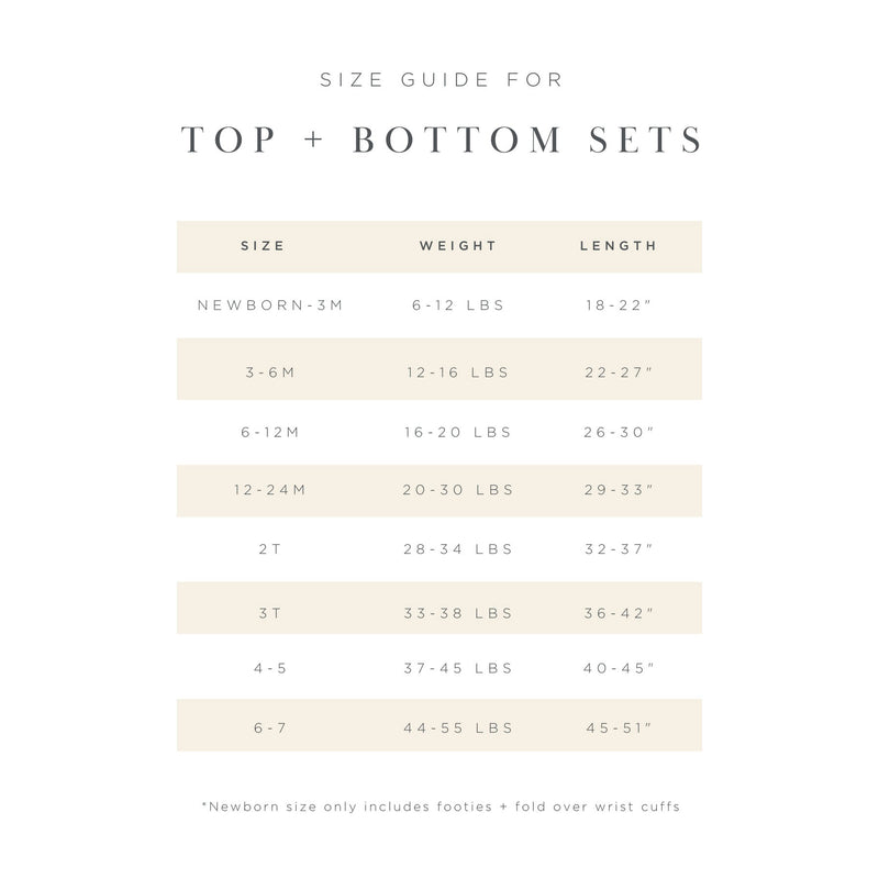 Size guide for Lou Lou and Company Ribbed Top and Bottoms - Quinn