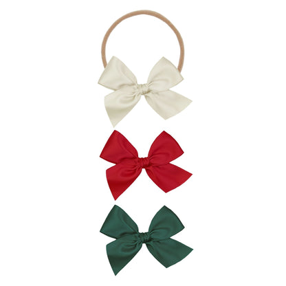 Lou Lou and Company Satin Bow Headband 3 Pack - Small - Champagne / Ruby / Evergreen