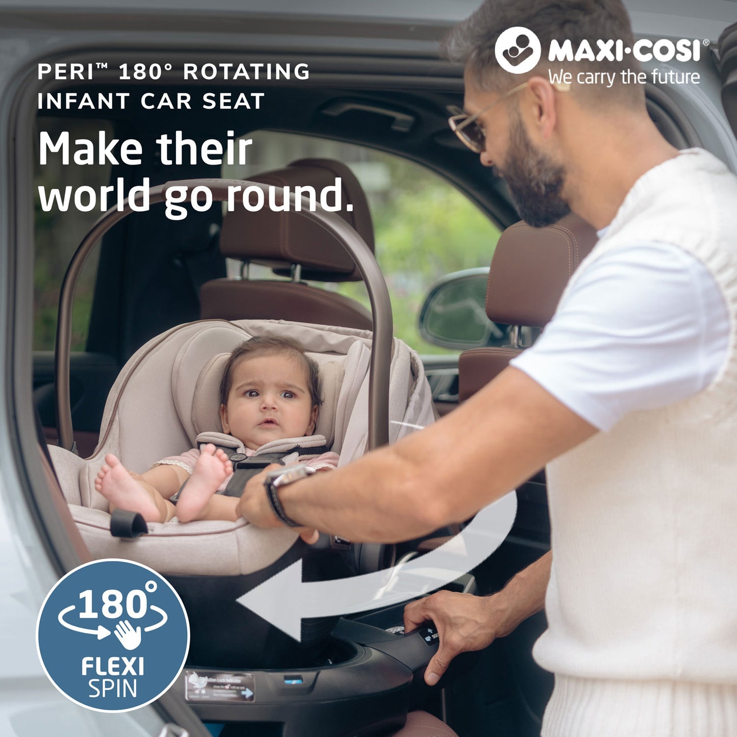 Dad rotating Maxi-Cosi Peri 180 Rotating Infant Car Seat - Desert Wonder in vehicle