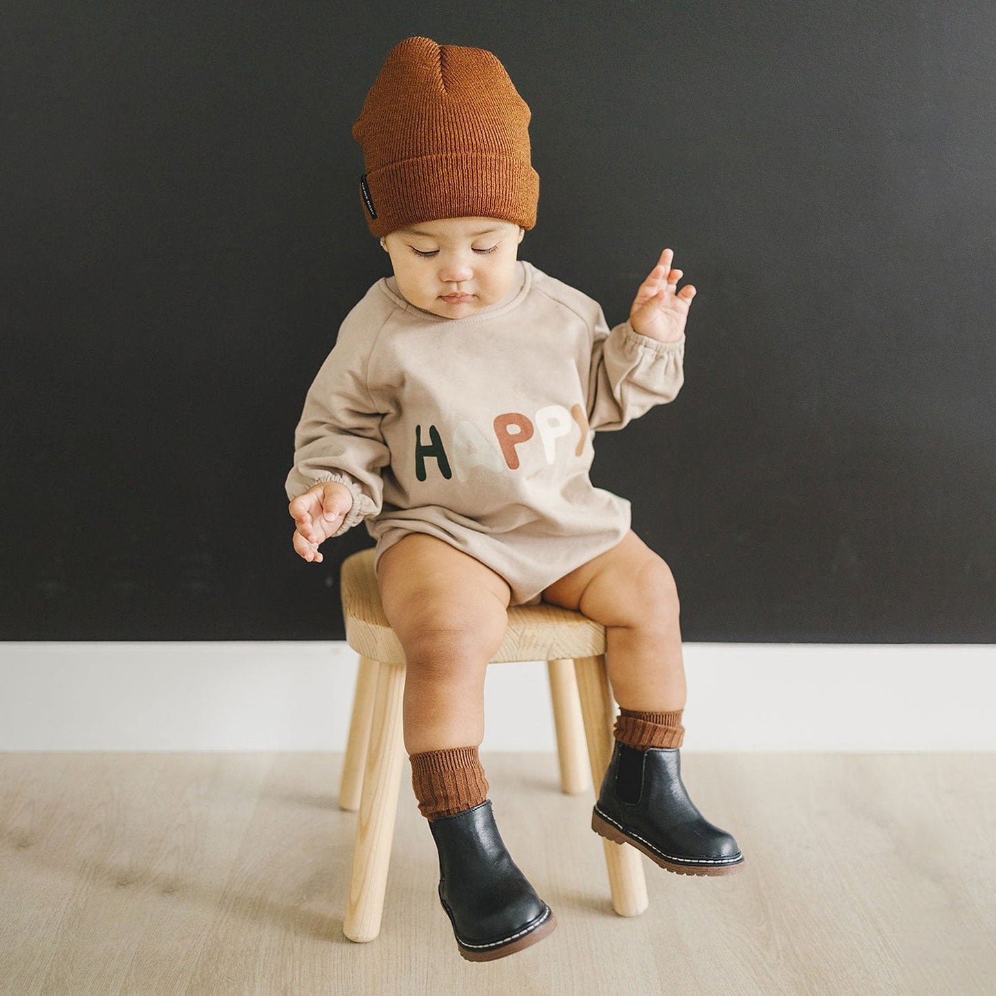 Toddler wearing Mebie Baby French Terry Bodysuit - Happy