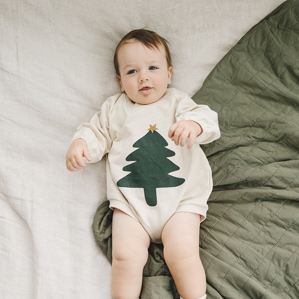 Baby wearing Mebie Baby French Terry Bodysuit - Christmas Tree
