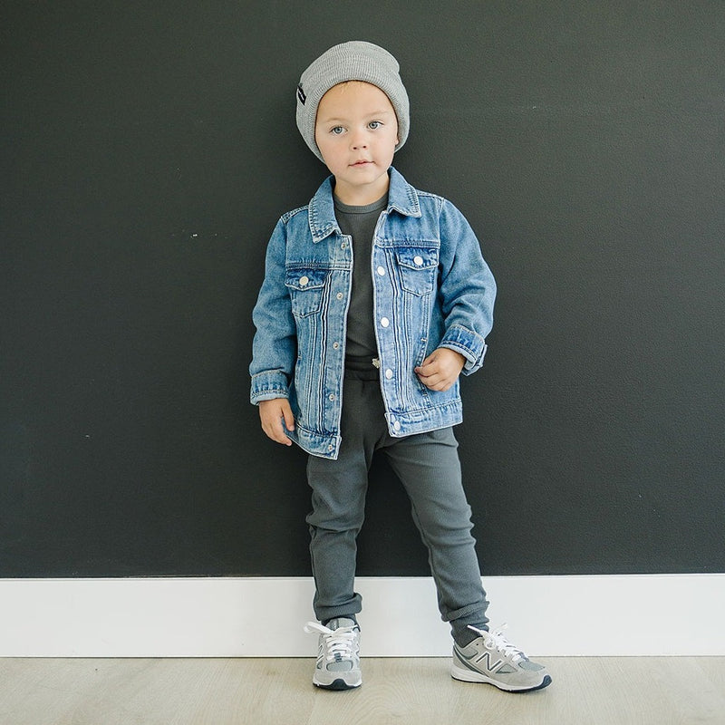 Little boy wearing Mebie Baby Organic Cotton Ribbed Pocket Set - Charcoal