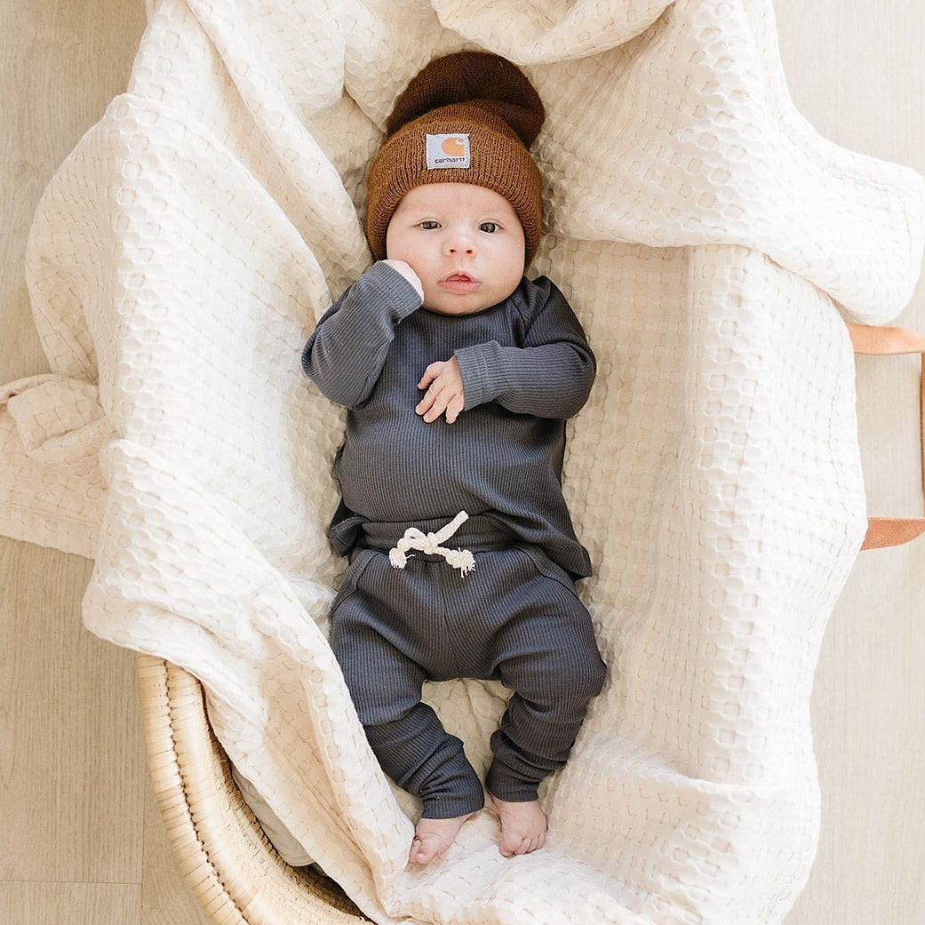 Baby boy wearing Mebie Baby Organic Cotton Ribbed Pocket Set - Charcoal