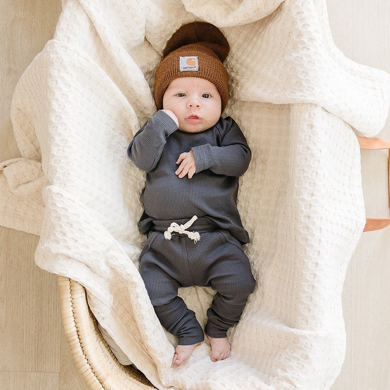 Baby boy wearing Mebie Baby Organic Cotton Ribbed Pocket Set - Charcoal
