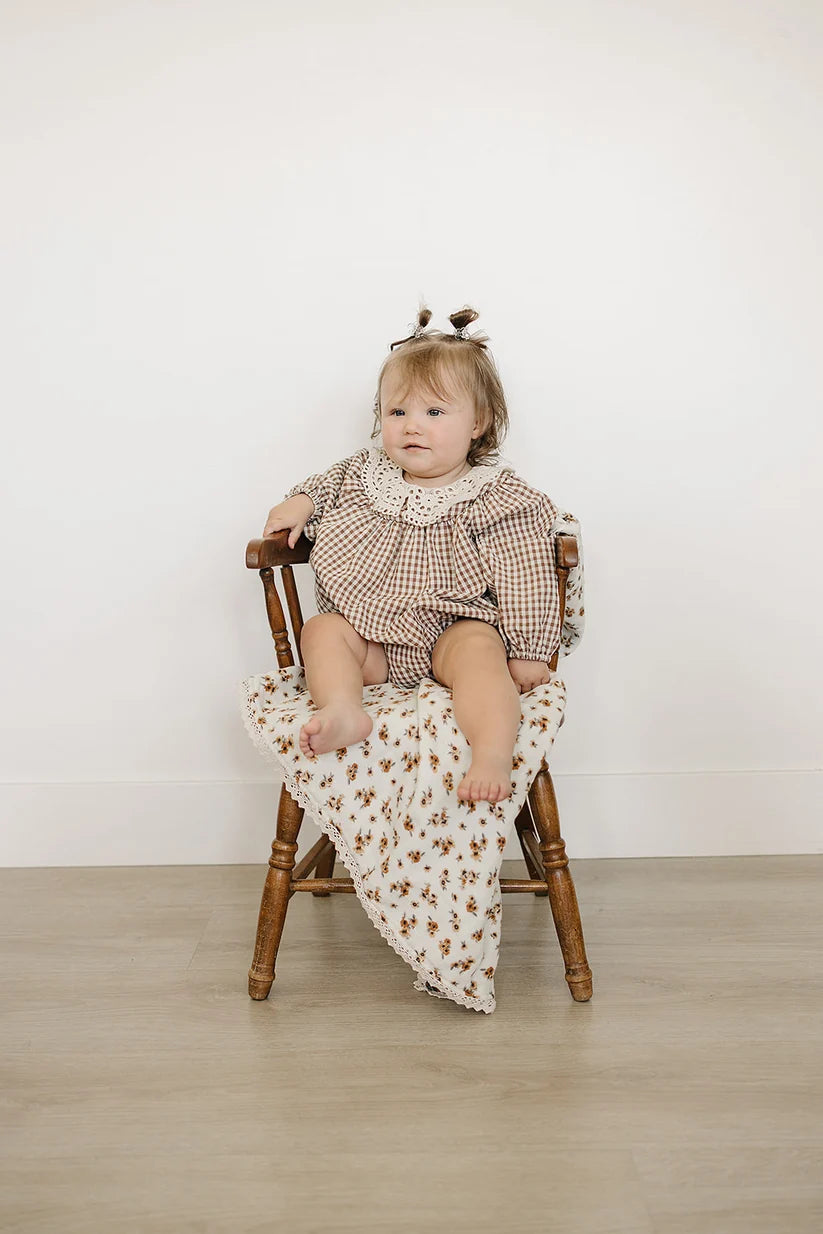 Mebie Baby Camel Gingham Lace Bubble Romper