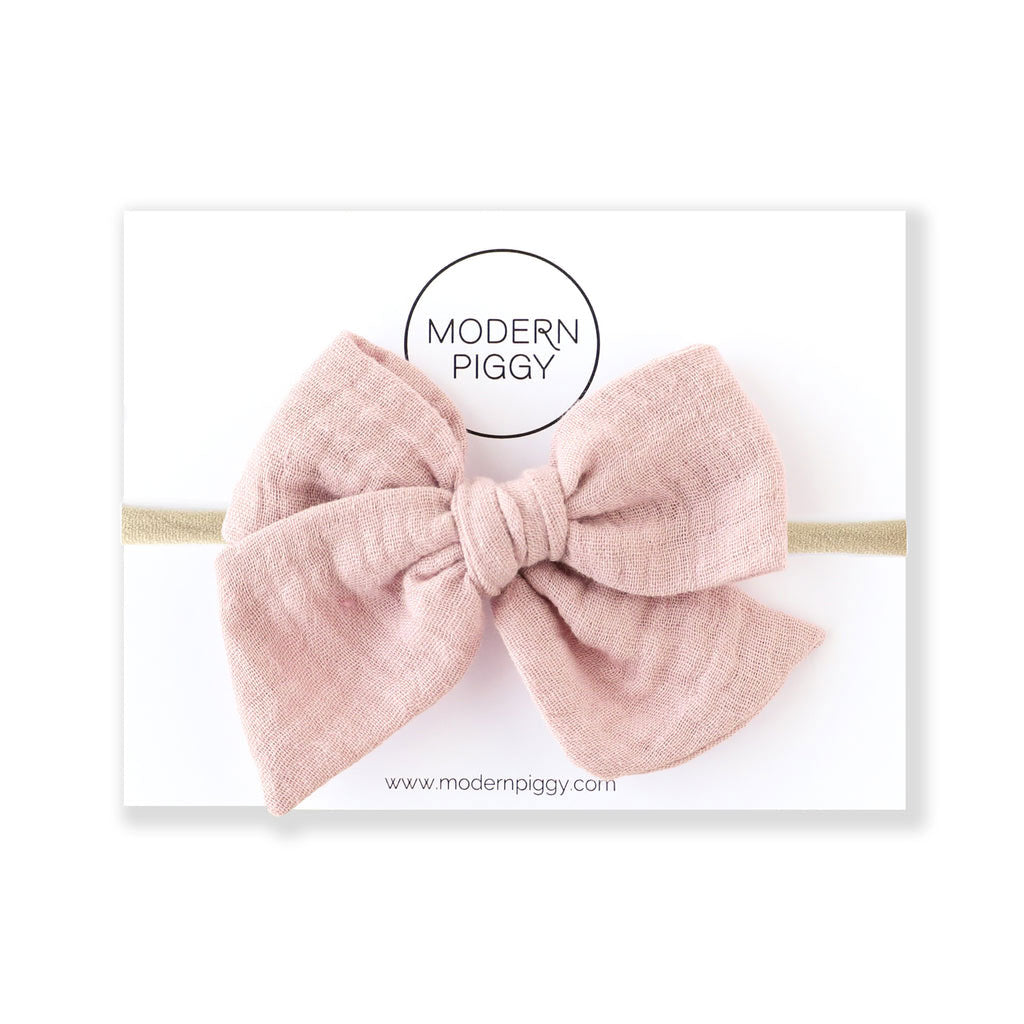 Modern Piggy Gauze Oversized Hand-Tied Bow - Nylon Headband - Blush