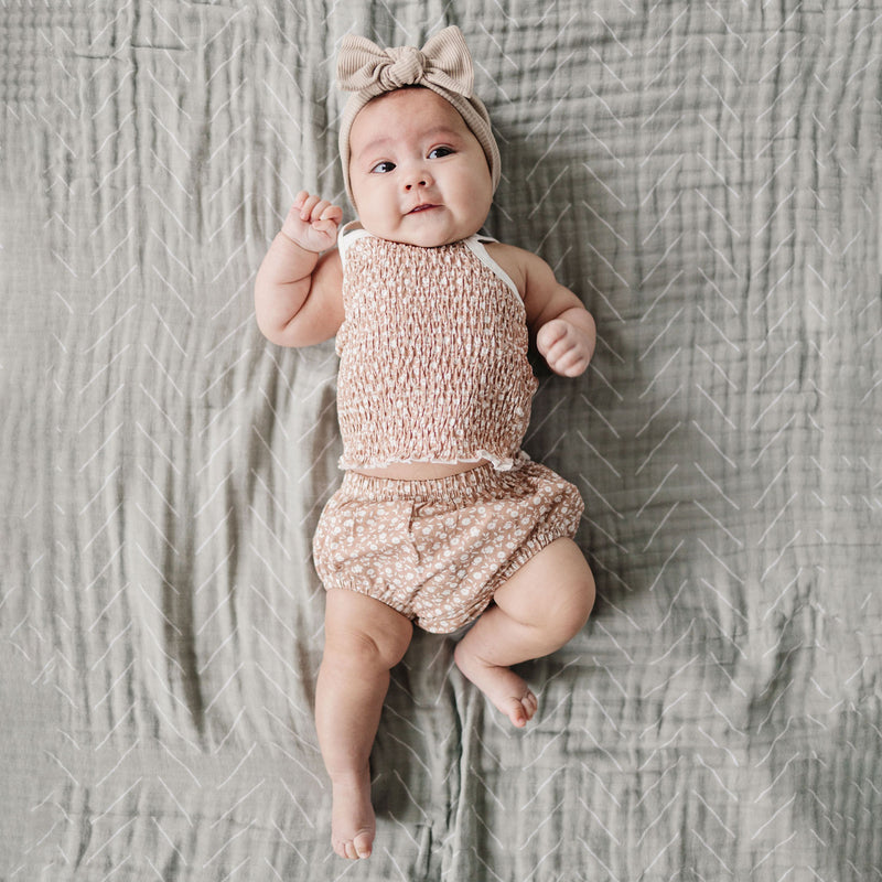 Baby wearing Mebie Baby Ruched Bloomer Set - Blush Floral