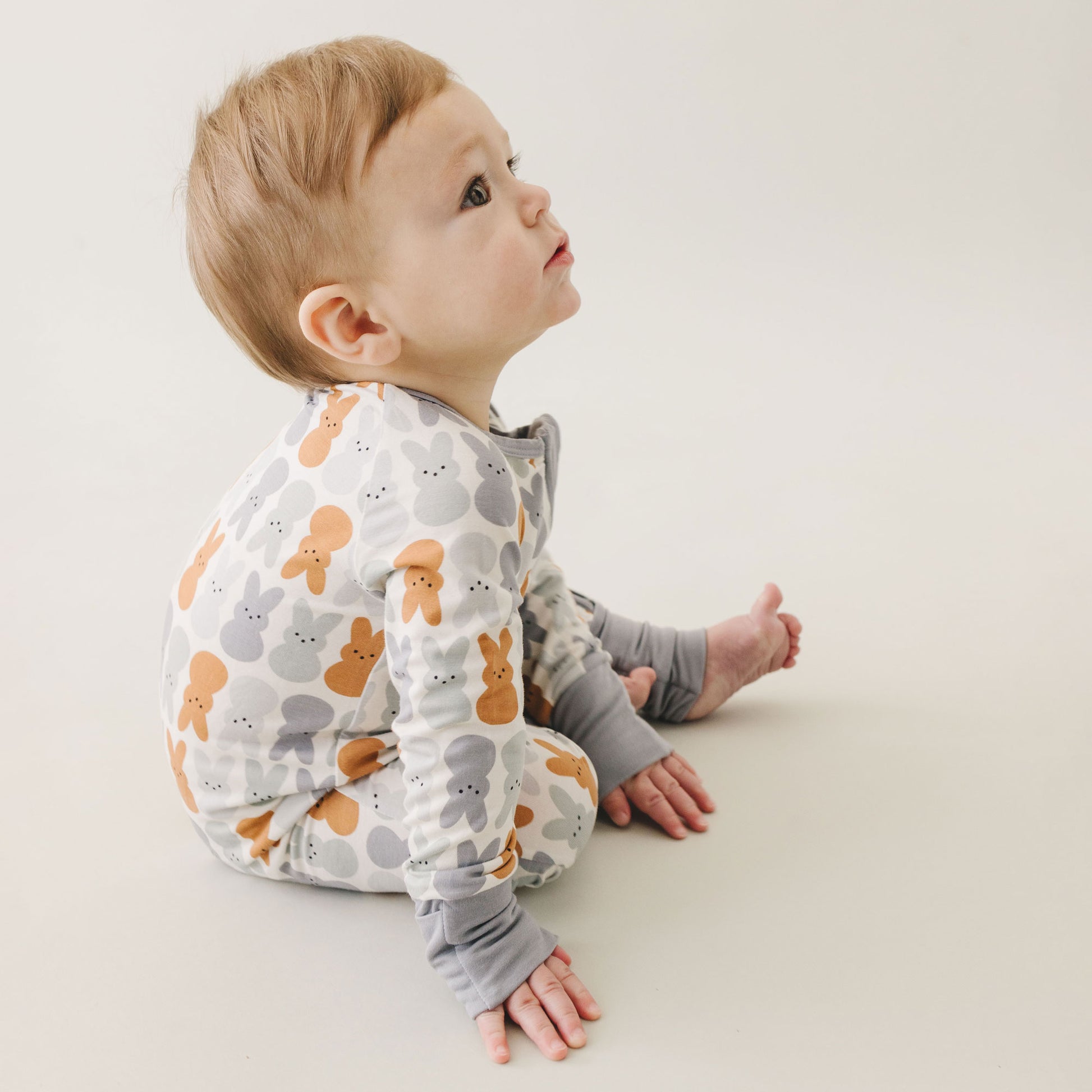 baby boy wearing Mebie Baby Bamboo Zipper Pajama - Dusty Blue Bunny
