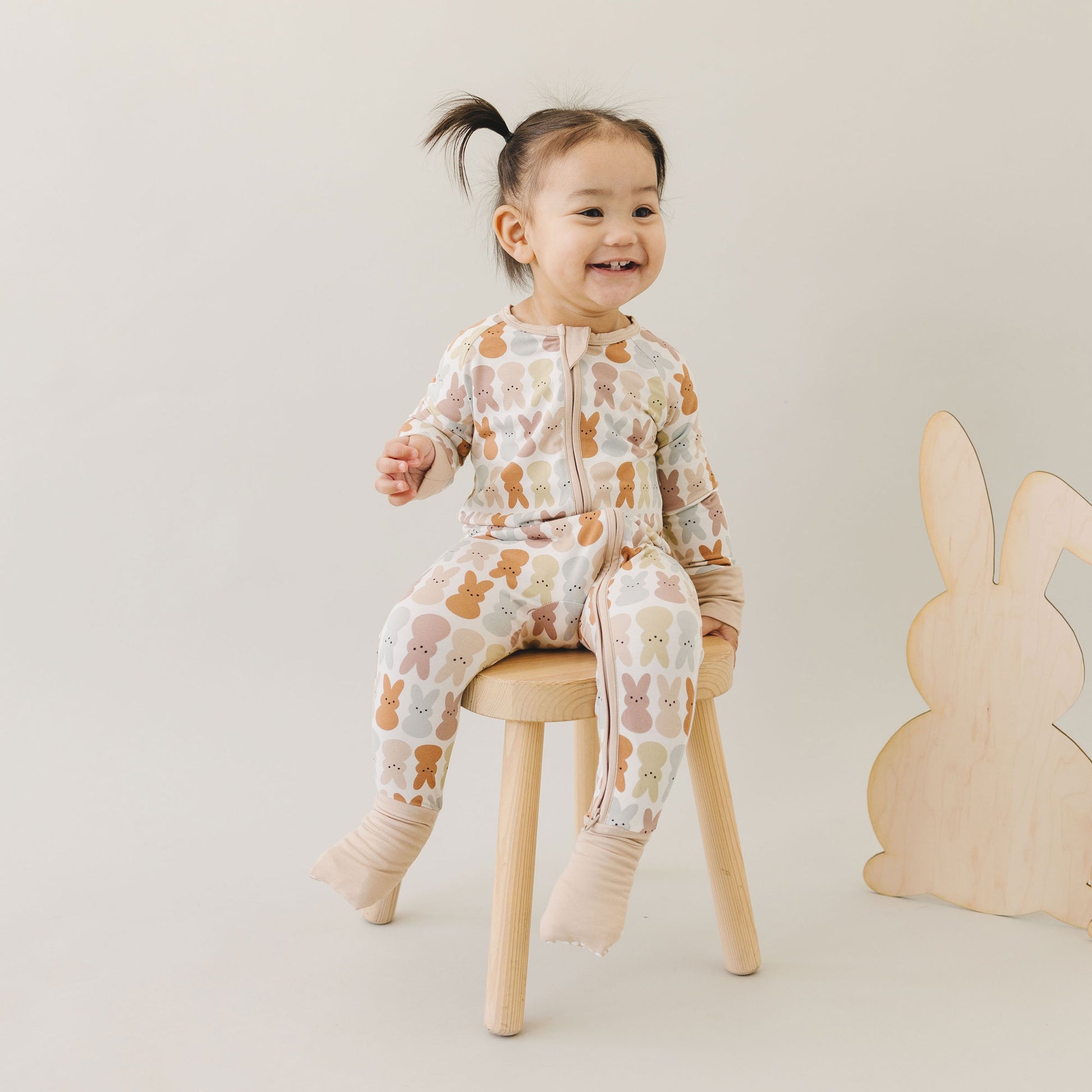 little girl wearing Mebie Baby Bamboo Zipper Pajama - Blush Bunny