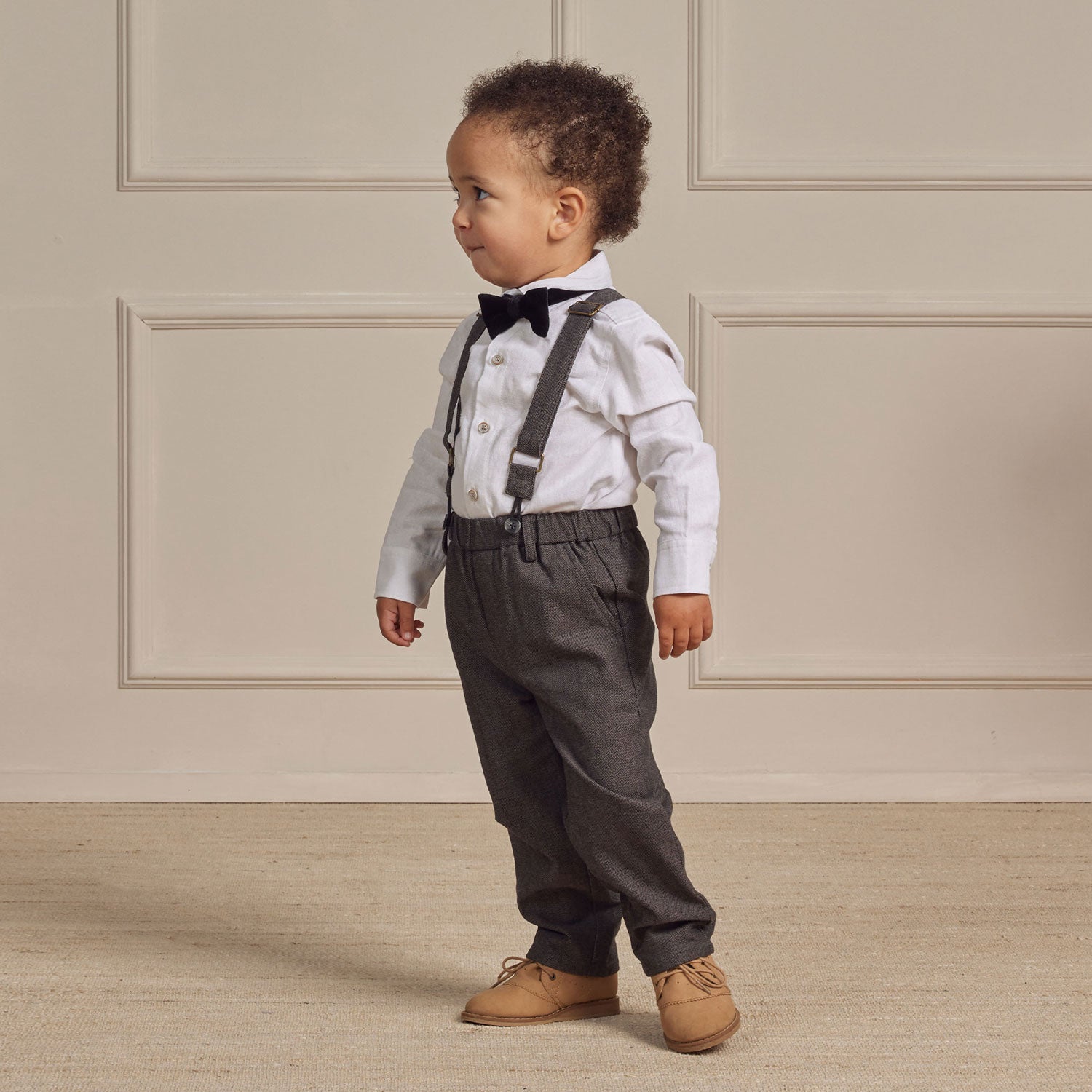 Little boy wearing Noralee Suspender Pant - Heathered Black Melange