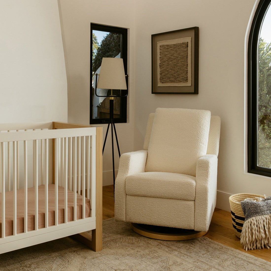 Namesake Crewe Recliner and Swivel Glider - Ivory Boucle with Light Wood Base in nursery
