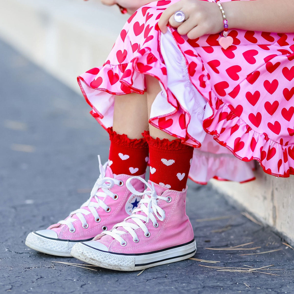 Little girl wearing Little Stocking Co Lace Midi Sock 3-Pack - Valentine's