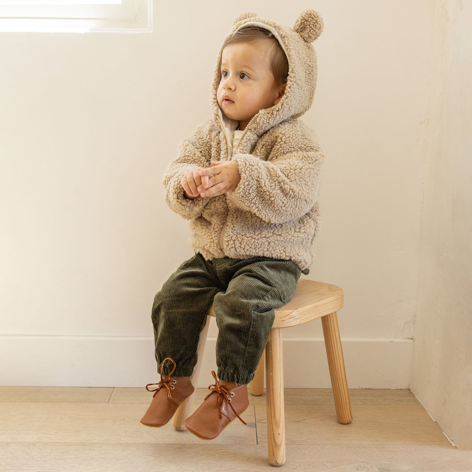 Toddler wearing Quincy Mae Bear Jacket - Sand