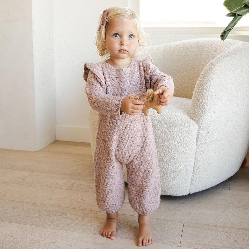 Toddler girl wearing Quincy Mae Long Sleeve Mira Knit Romper - Mauve Heathered