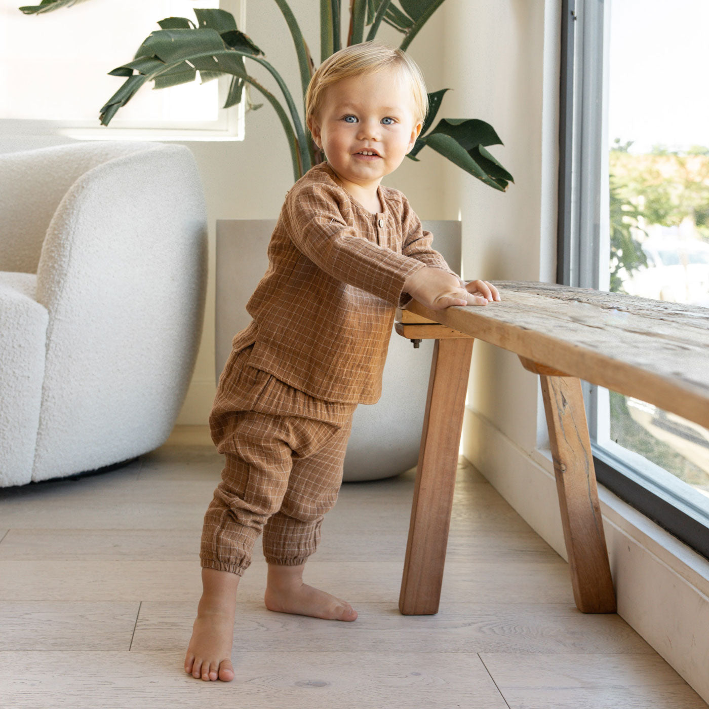 Toddler wearing Quincy Mae Zion Shirt - Cinnamon Grid
