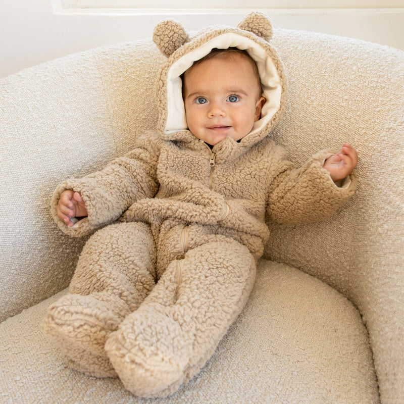 Baby wearing Quincy Mae Bear Jumpsuit - Sand