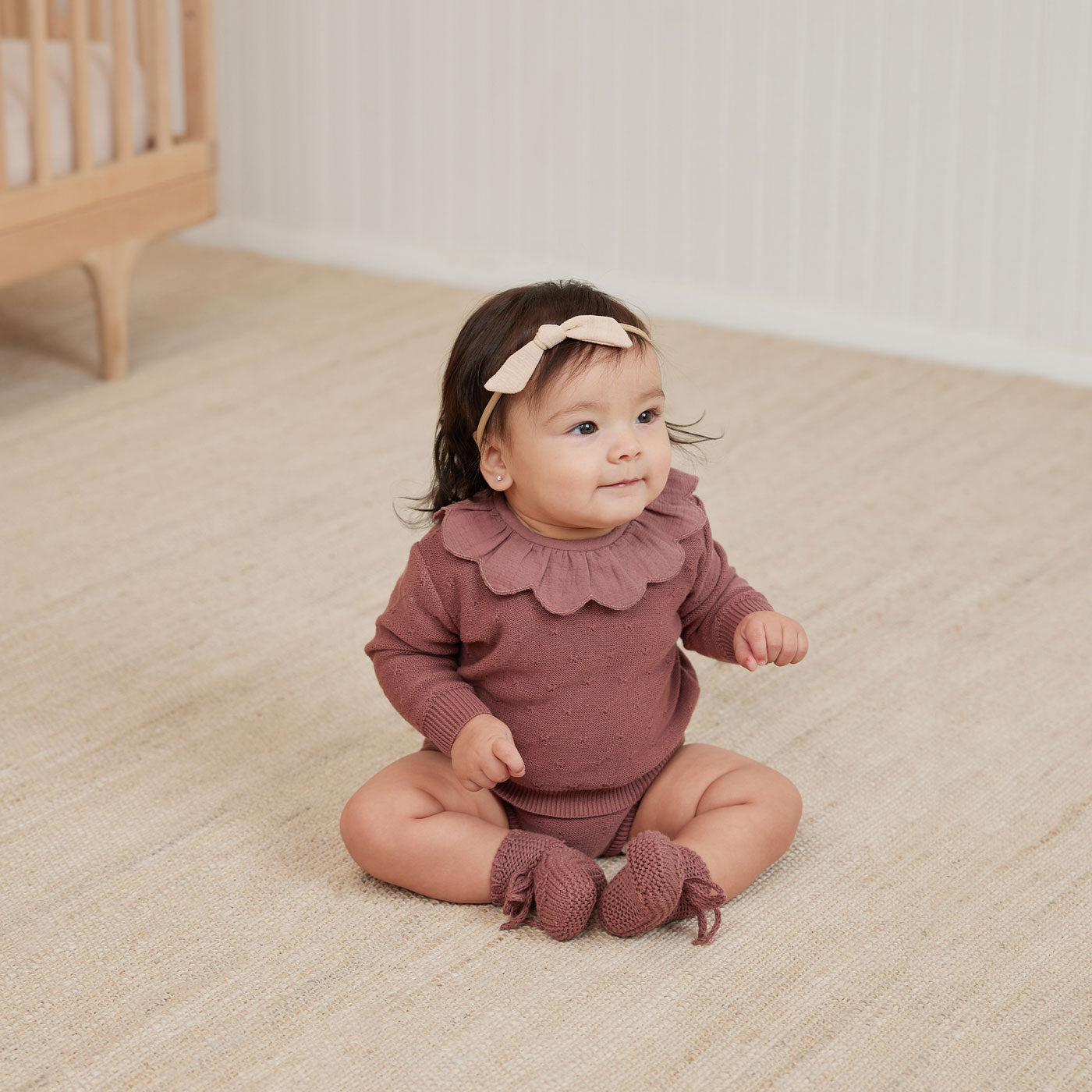 Baby girl wearing Quincy Mae Knit Bloomer - Fig