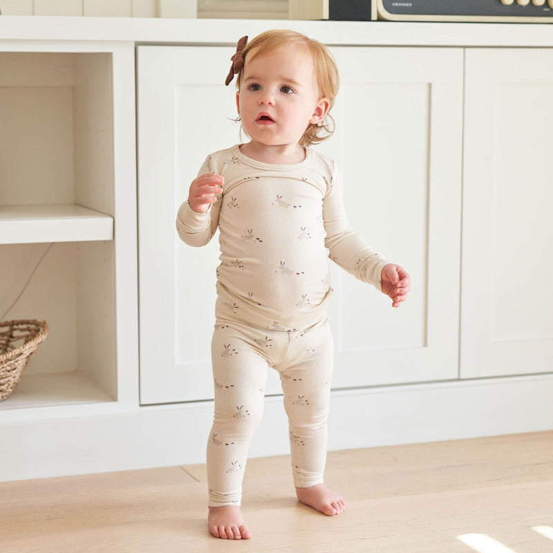 Toddler wearing Quincy Mae Bamboo Pajama Set - Bunnies - Natural