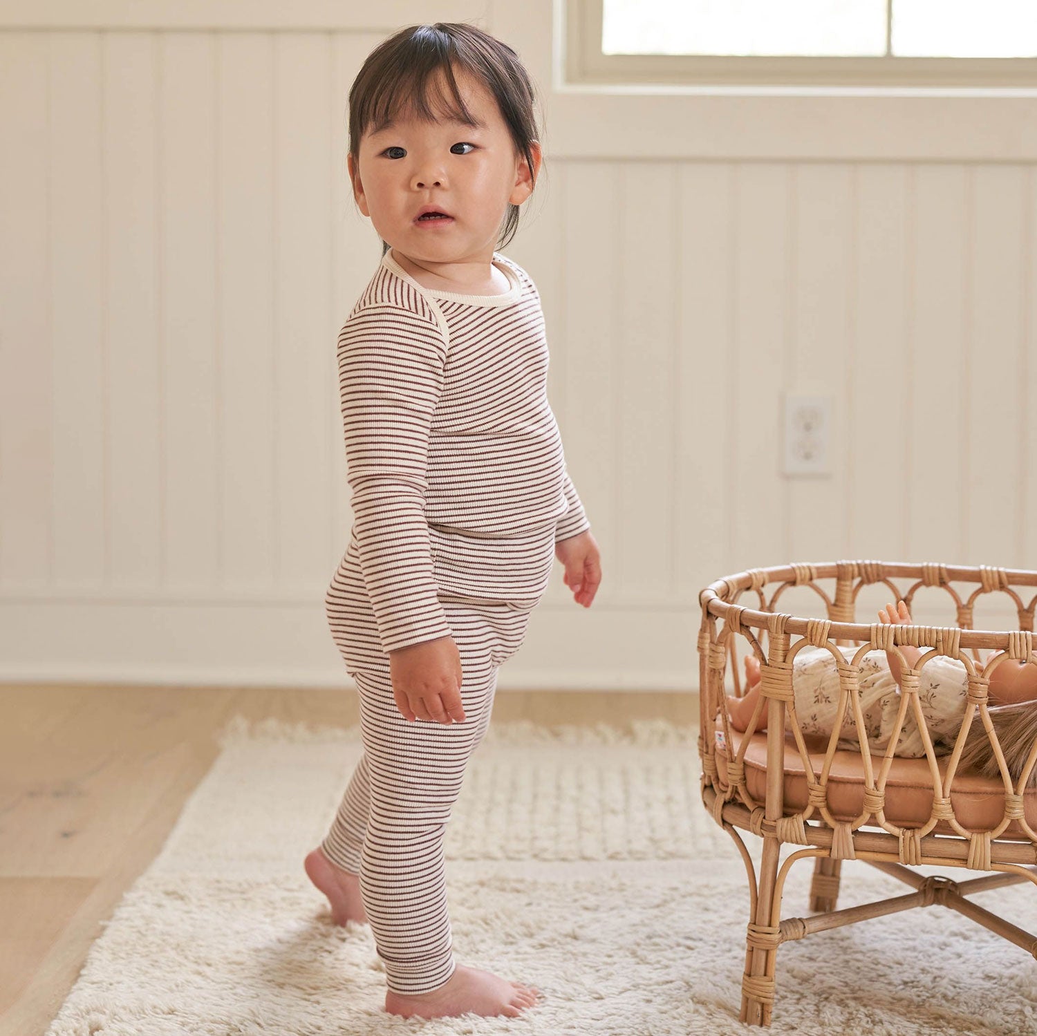 Toddler wearing Quincy Mae Ribbed Tee and Leggings Set - Plum Stripe