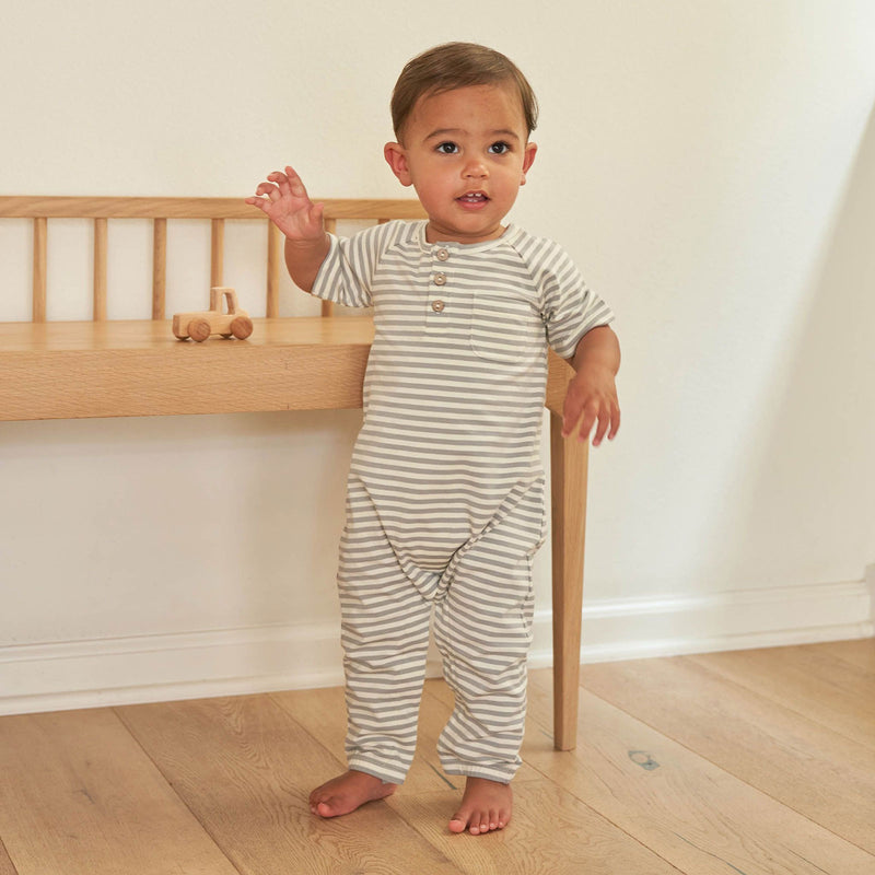 Toddler wearing Quincy Mae Short Sleeve Jumpsuit - Dusty Blue Stripe