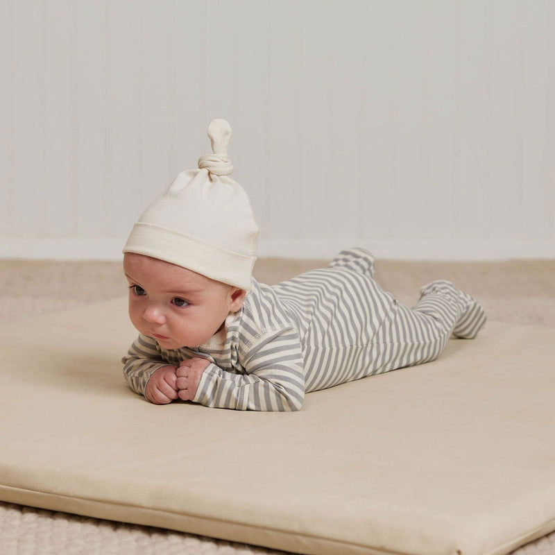 Baby wearing Quincy Mae Zip Long Sleeve Sleeper Footie - Dusty Blue Stripe