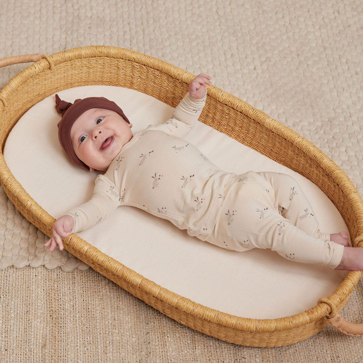Baby wearing Quincy Mae Bamboo Pajama Set - Bunnies - Natural