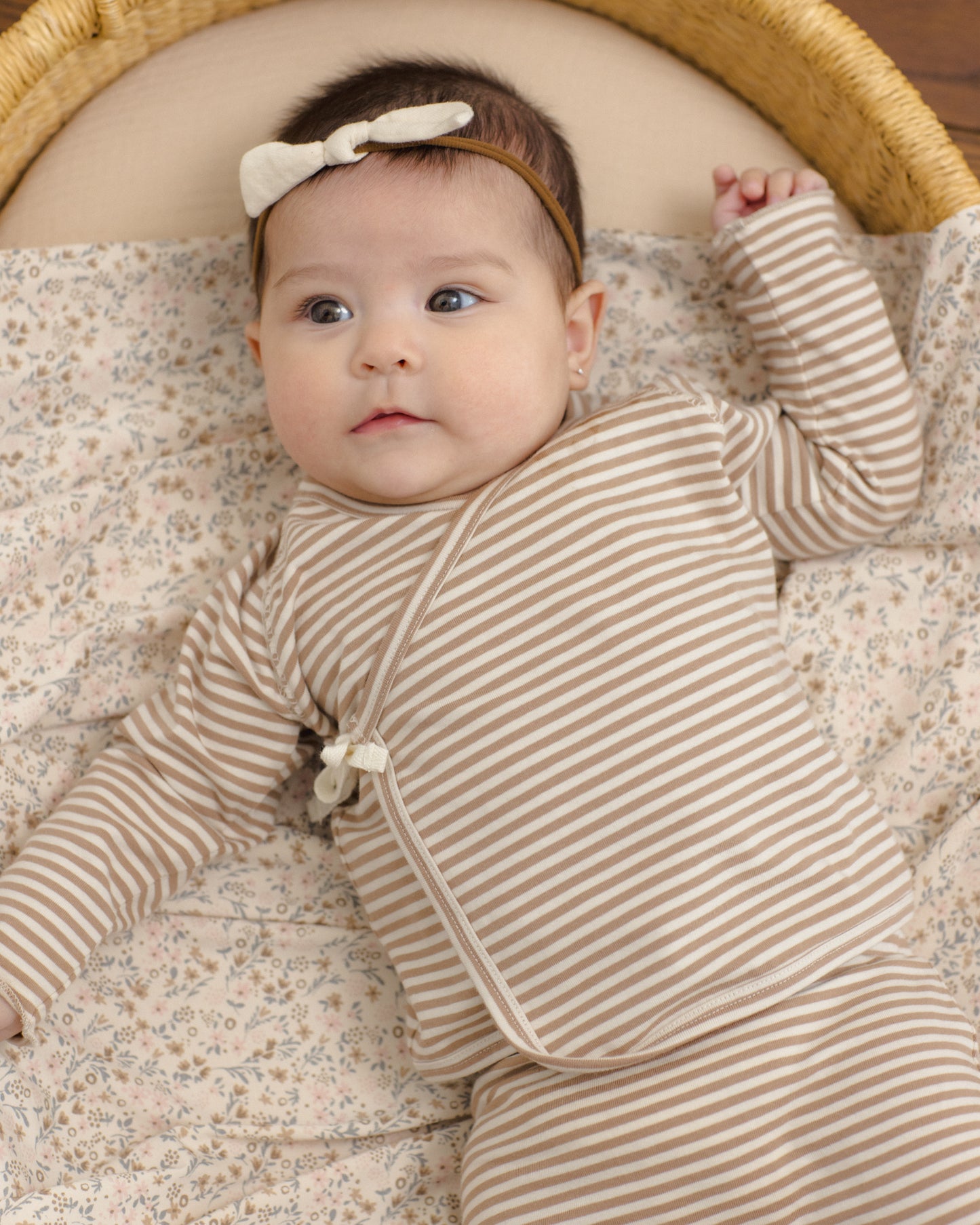 Quincy Mae Wrap Top + Footed Pant Set - Almond Stripe