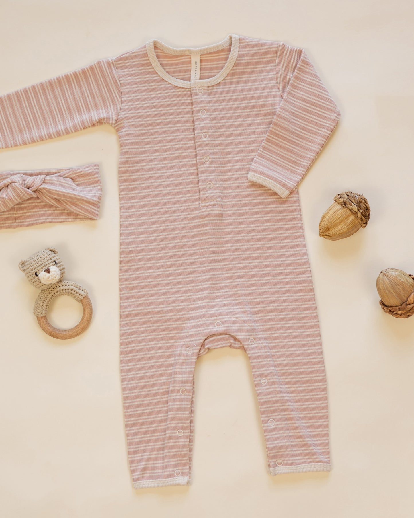 Quincy Mae Ribbed Baby Jumpsuit - Dusty Rose Microstripe