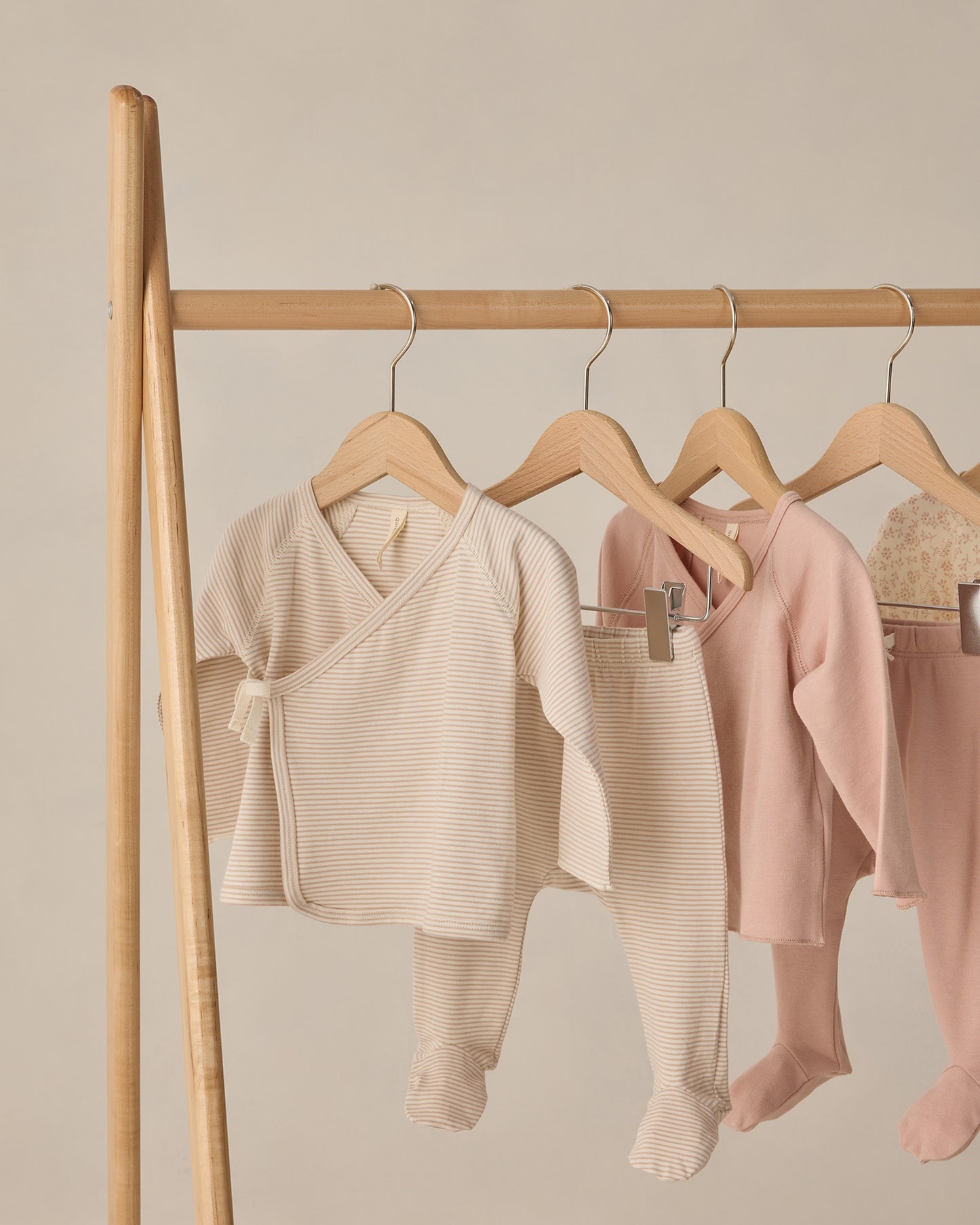 Quincy Mae Wrap Top + Footed Pant Set - Oat Micro Stripe