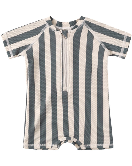Quincy Mae Zip Rashguard One-Piece - Retro Ocean Stripe