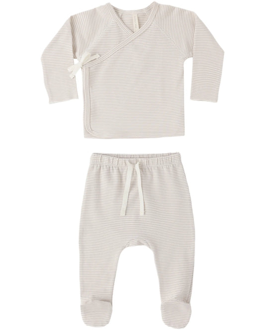 Quincy Mae Wrap Top + Footed Pant Set - Oat Micro Stripe