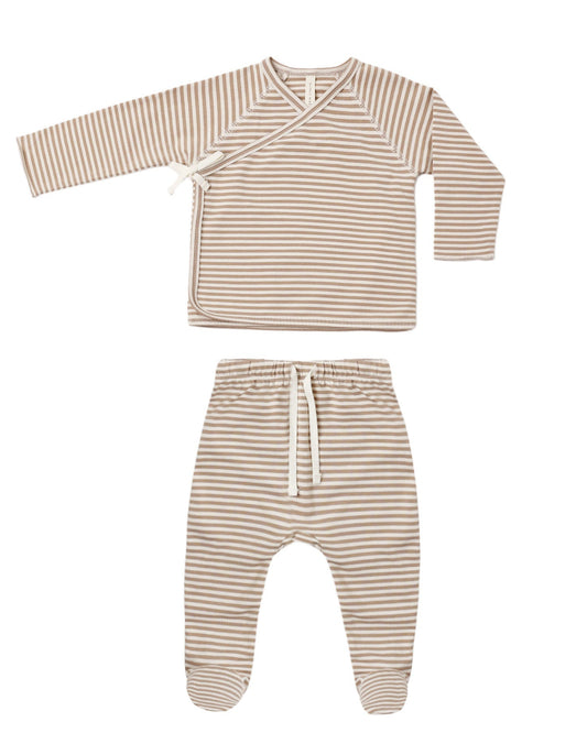 Quincy Mae Wrap Top + Footed Pant Set - Almond Stripe