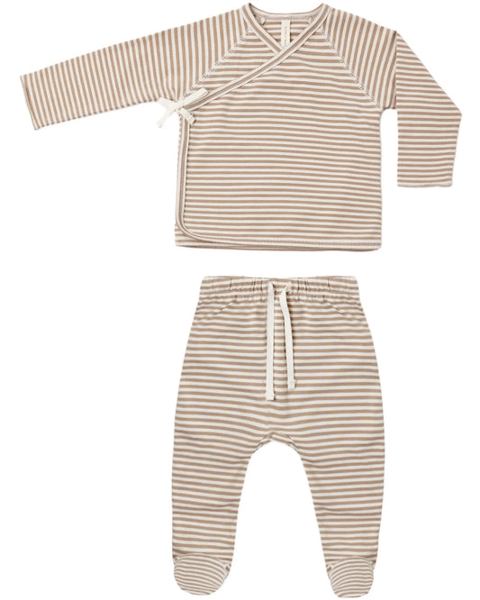 Quincy Mae Wrap Top + Footed Pant Set - Almond Stripe