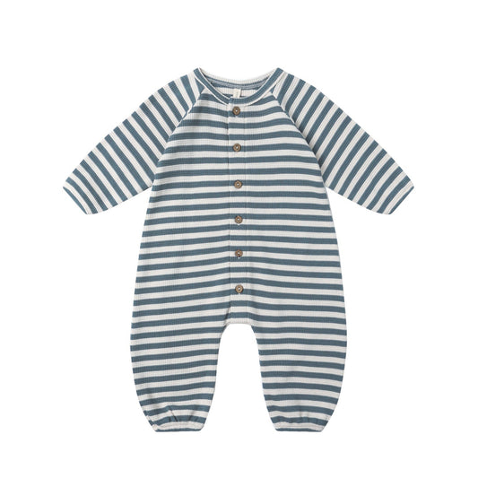 Quincy Mae Waffle Long Sleeve Jumpsuit - Ocean Stripe