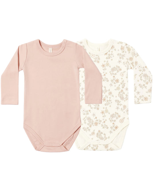 Quincy Mae Jersey Bodysuit, 2 Pack - Floral Vine, Dusty Rose