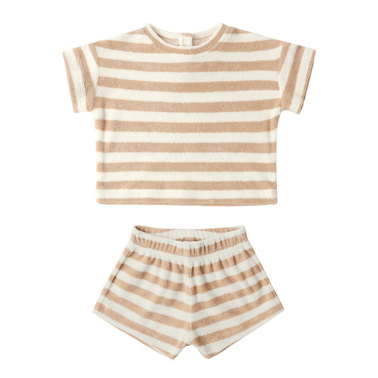Quincy Mae Terry Tee + Short Set - Latte Stripe