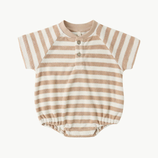 Quincy Mae Terry Henley Romper - Latte Stripe