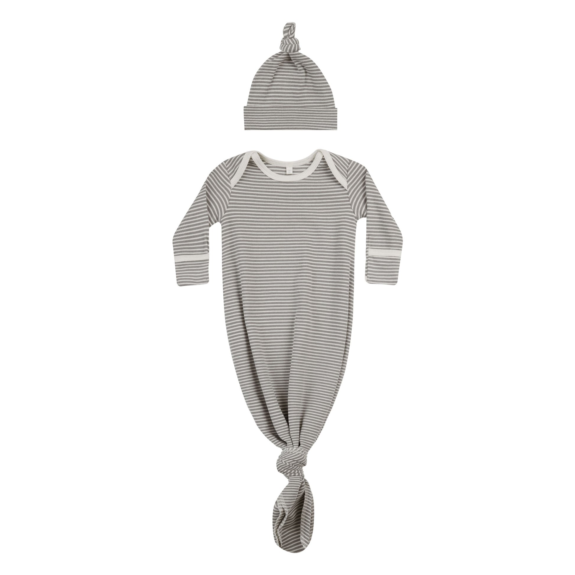 Quincy Mae Knotted Baby Gown + Hat Set - Lagoon Micro Stripe