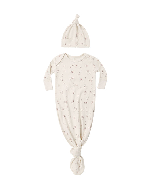 Quincy Mae Knotted Baby Gown + Hat Set - Fall Ditsy
