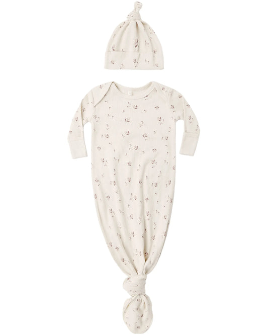 Quincy Mae Knotted Baby Gown + Hat Set - Fall Ditsy